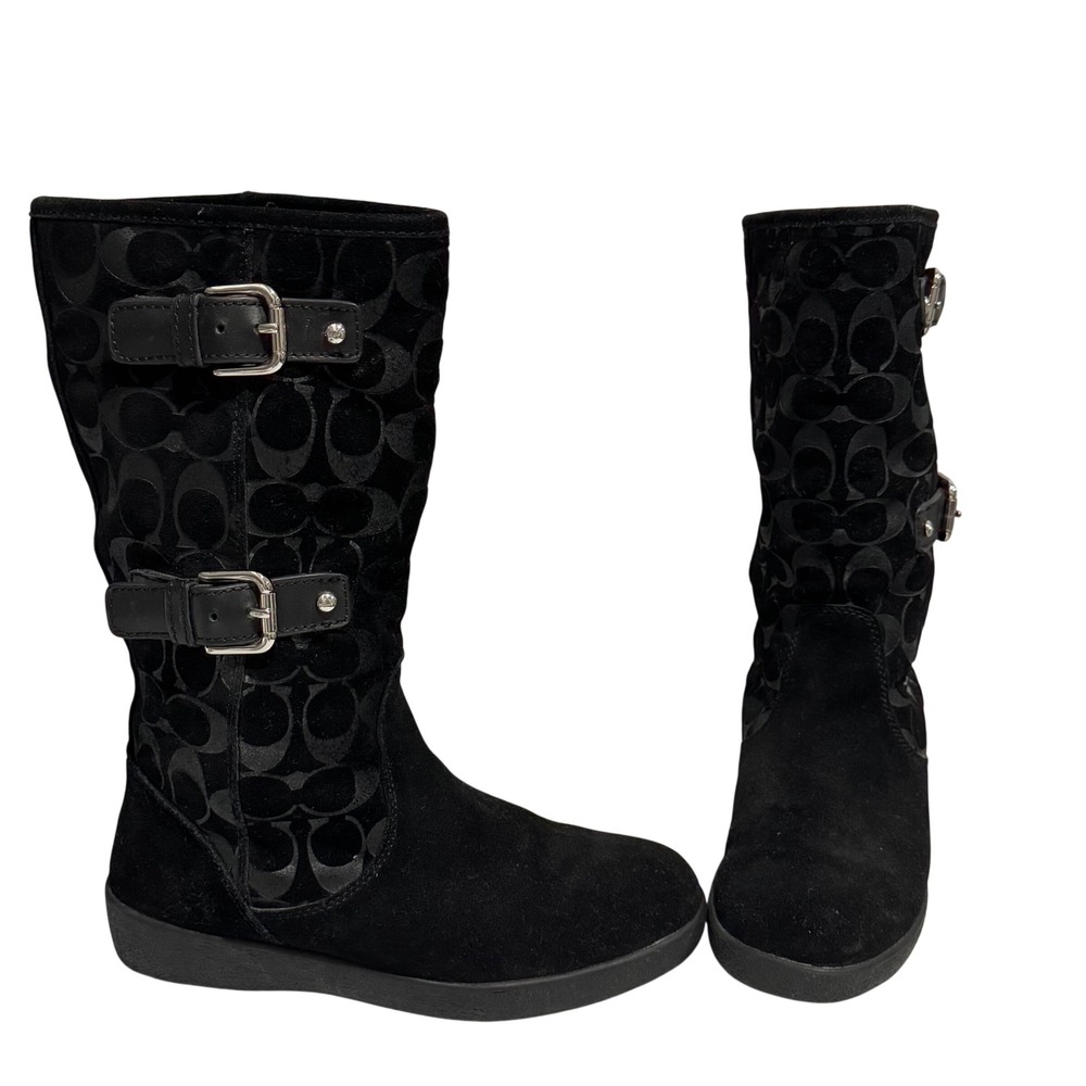 Coach Tinah Mid-Calf Boots Womens 7B Black Suede Monogram Q1352 Excellent Buckle